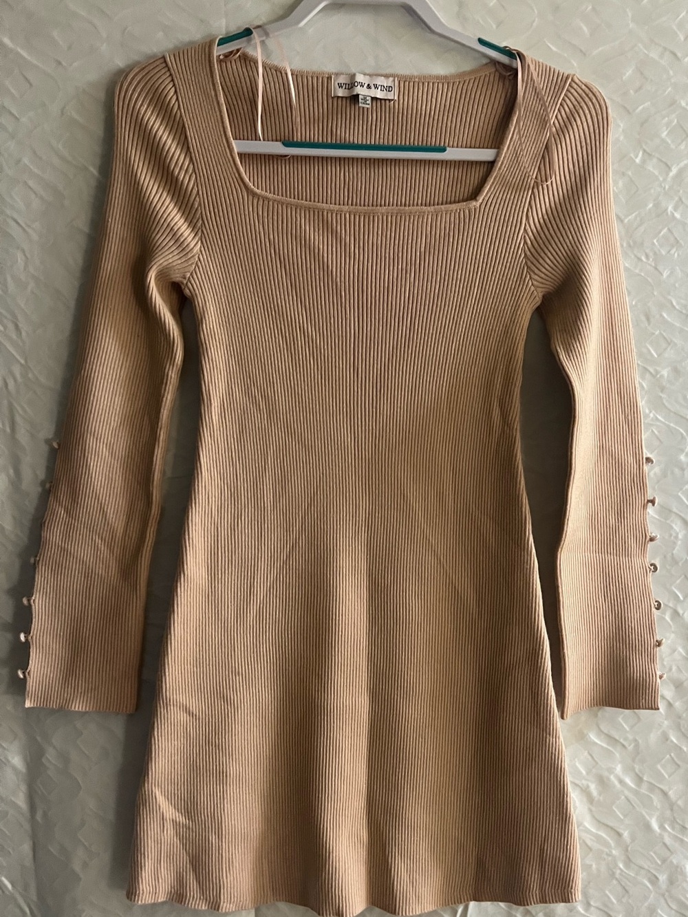 Willow & Wind Beige Ribbed Long Sleeve Square Neck Dress